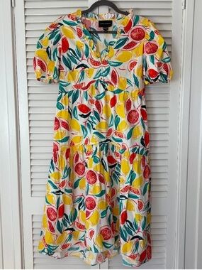 Donna Morgan Citrus Fruit Print Midi Length V-Neck Short Sleeve Dress EUC